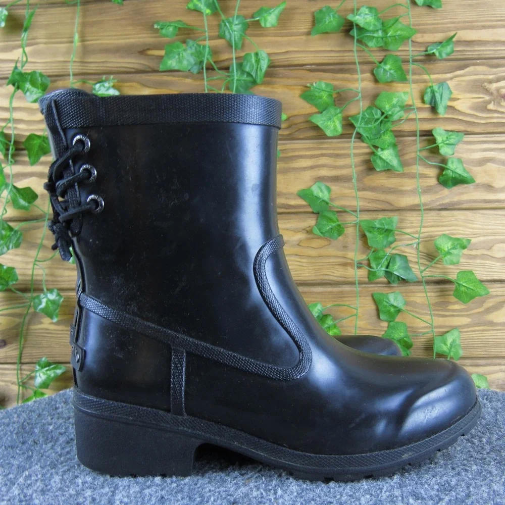 Sperry Women's Black Rubber Rain Ankle Boots Lace-Up Back‎ Detail Size 5